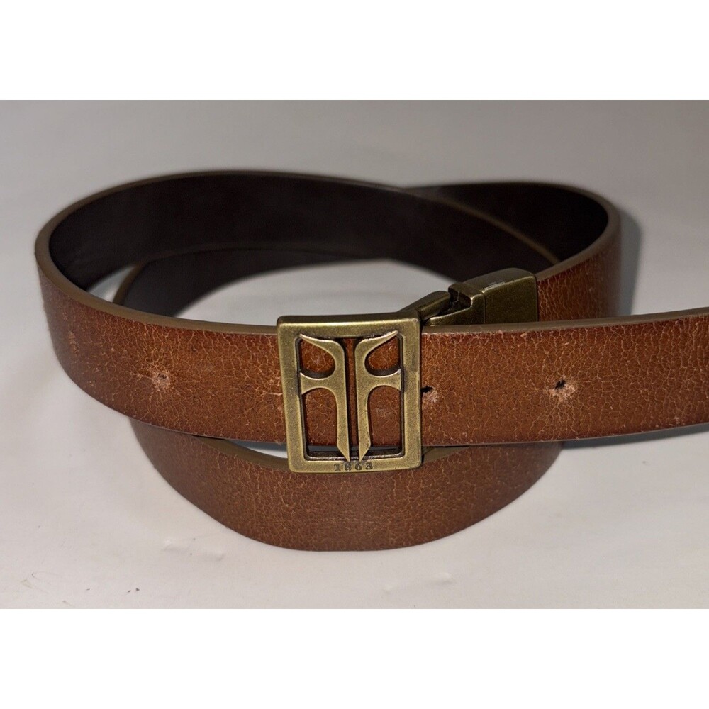 Mens FRYE Metal Brass LOGO Buckle Brown Leather Reversible Belt DC859C Size S